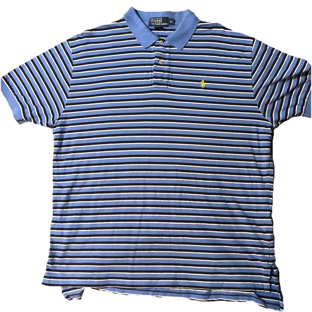 Polo Ralph Lauren Mens XL Blue‎ Striped Short Sleeve Cotton Pique Polo Shirt - Picture 2 of 7